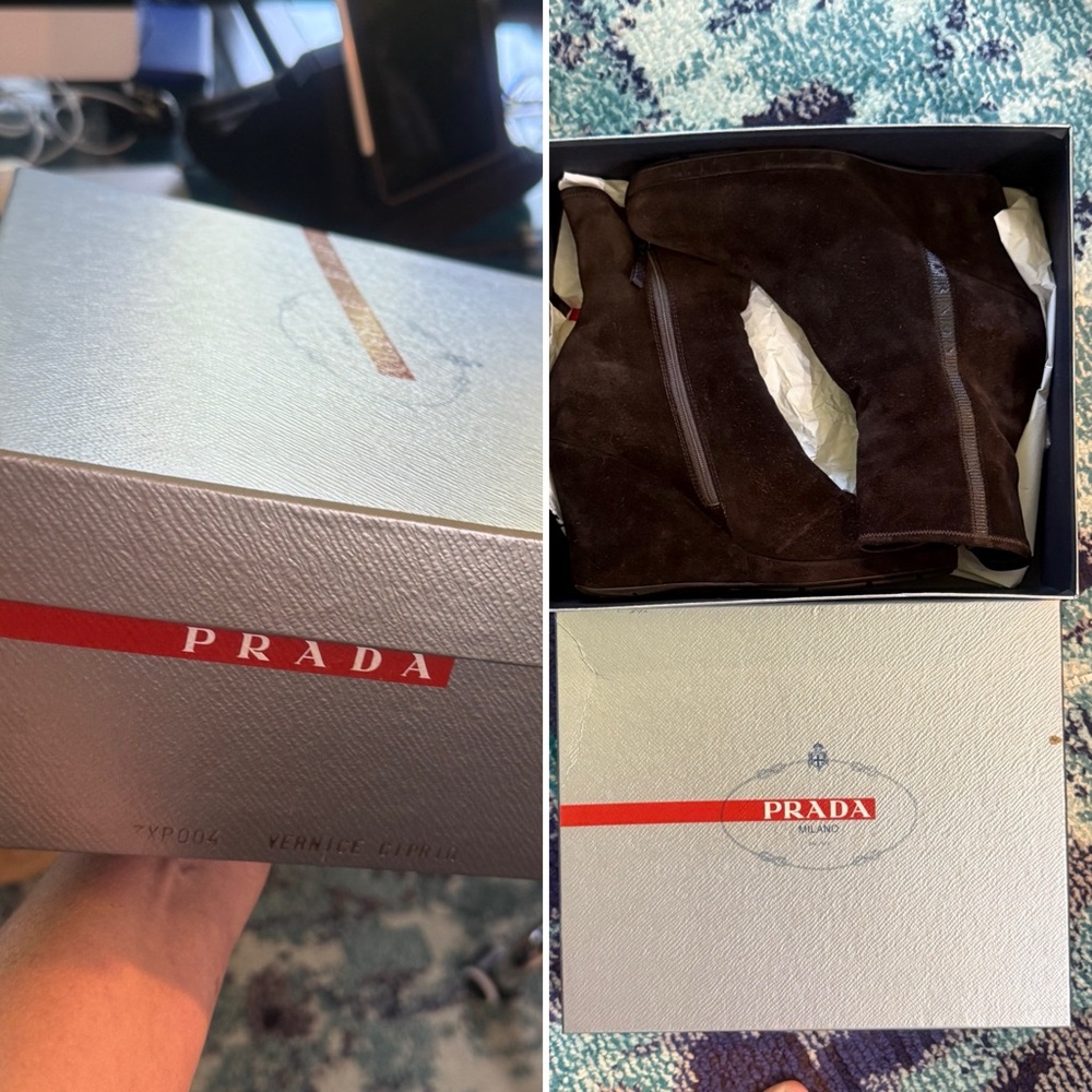 Prada size 38 sueded leather comfort wedges side zippers classic black logo 7.5 - Picture 2 of 10